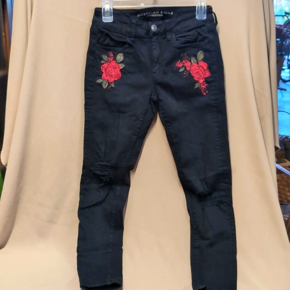 American Eagle Embroidered Black Leggings (6 Regular)